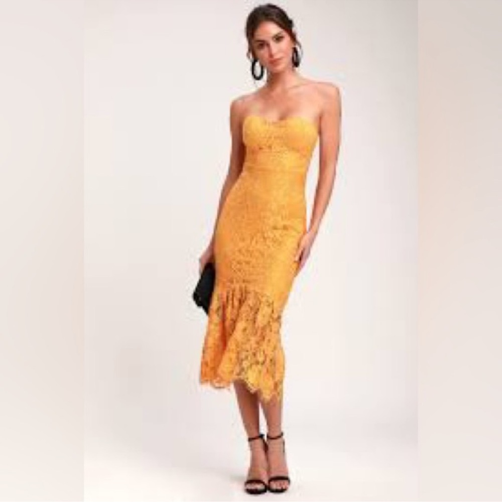 Lulus Divine Golden Yellow Lace Strapless Midi Dress
